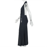 Women Slim-Waist Ruched Lace-Up Halter Neck Low-Back Maxi Dress