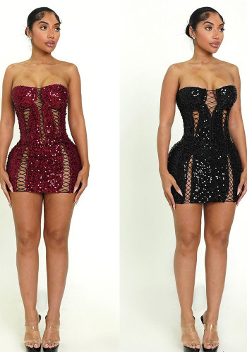 Elegant Cutout Lace-Up Strapless Sequin Bodycon Mini Dress