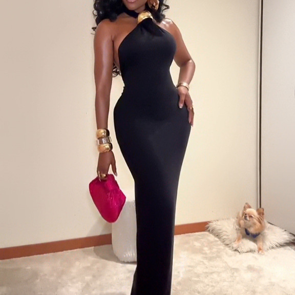 Women Summer Sleeveless Halter Neck Solid Dress
