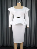 Women Plus Size Ruffle Sleeve Faux Two-Piece Slim-Waist Metal Buckle Career Dress
