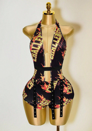Summer Deep-V Halter Neck Slim-Fit Letter Print Jumpsuit
