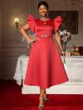 Women Plus Size Red Round Neck Cutout Flutter Sleeve Slim-Waist Chic Formal Midi Dress