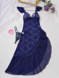 Lace Mesh Strap Dress Deep-V See-Through Seductive Night Dress