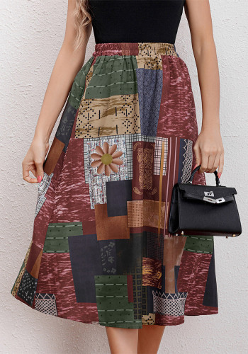 Spring / Summer Women High-Waist Printed A-Line Elastic Waist Maxi Skirt