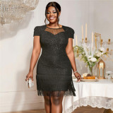 Women Plus Size White Fringe Jacquard Short Sleeve Formal Party Bodycon Mini Dress