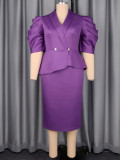 Women Plus Size Purple Puff Sleeve Ruffle Slim-Fit Chic Career Bodycon Dress