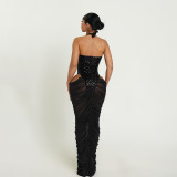 Women Autumn/Winter Sequin Patchwork Sexy Mesh See-Through Pleated Bodycon Dress