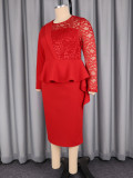 Women Plus Size Red Lace Long Sleeve Ruffle Slim-Waist Wedding Mother Dress