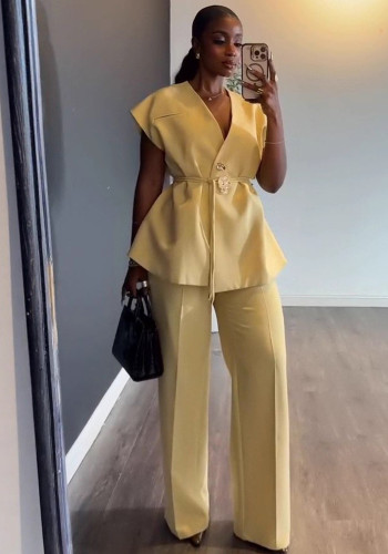 Women Autumn V-Neck Tie-Waist Sleeveless Top and Wide-Leg Pants Two-Piece Set