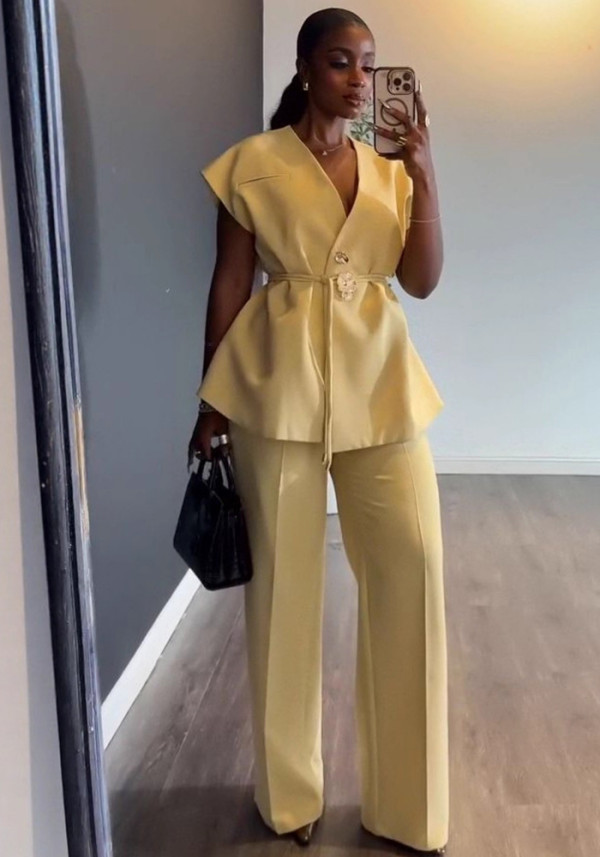 Women Autumn V-Neck Tie-Waist Sleeveless Top and Wide-Leg Pants Two-Piece Set