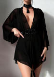 Women Black Sexy Lingerie with Panties and Necklace