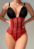 Women Red and Black Lace Bodysuit Sexy Lingerie