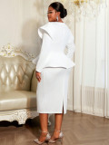 Women Plus Size Ruffle Sleeve Faux Two-Piece Slim-Waist Metal Buckle Career Dress