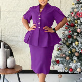 Women Plus Size Elegant Ruffle V-Neck Short Sleeve Slim Bodycon African Dress