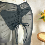 Solid Color Mesh Beach Cover-Up Three-Piece Bikini Swimsuit