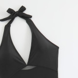 Women Solid Color Mesh Halter Neck Two-Piece Bikini with Long Skirt