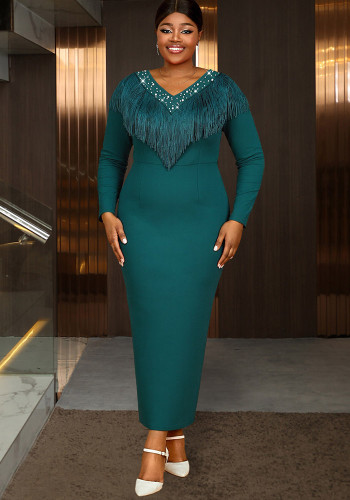 Women Plus Size Beaded Fringe V-Neck Long Sleeve Bodycon Maxi Formal Party Dress