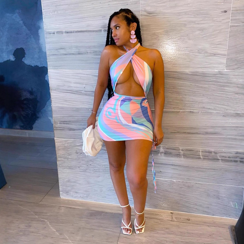 Women Summer Sexy Crossover Halter Neck Drawstring Dress