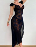 Lace Mesh Strap Dress Deep-V See-Through Seductive Night Dress