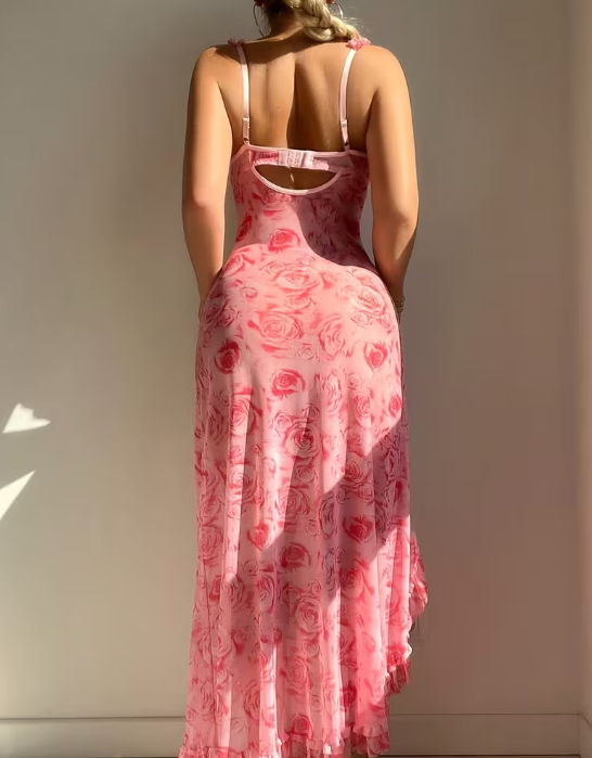 Sexy Printed Low-Back Slit Seductive Night Dress