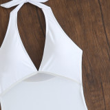 Women Solid Color Mesh Halter Neck Two-Piece Bikini with Long Skirt