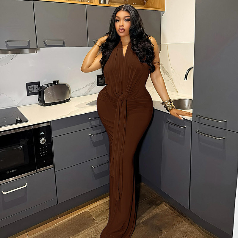 Women Slim-Waist Ruched Lace-Up Halter Neck Low-Back Maxi Dress