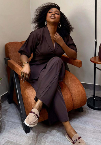 African Women Elegant Turndown Collar Casual Solid Shirt and Trousers Two-Piece Set