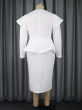 Women Plus Size Ruffle Sleeve Faux Two-Piece Slim-Waist Metal Buckle Career Dress