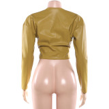 Women Autumn/Winter Zipper Long-Sleeved Round Neck Solid Pleated Pu-Leather Jacket