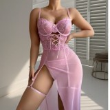 Women See-Through Lace Patchwork with Thong Bow Bodycon Maxi Dress Sexy Lingerie
