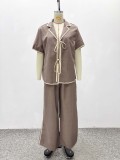 Women Lace-Up Patchwork Color-Blocked Short-Sleeve Shirt and Wide-Leg Trousers Two-Piece Set