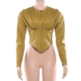 Women Autumn/Winter Zipper Long-Sleeved Round Neck Solid Pleated Pu-Leather Jacket