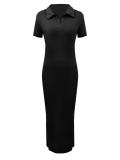Women Summer Turndown Collar Sexy Short-Sleeved Knitting Bodycon Dress