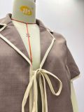 Women Lace-Up Patchwork Color-Blocked Short-Sleeve Shirt and Wide-Leg Trousers Two-Piece Set