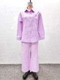 Women Casual Rhinestone Solid Turndown Collar Long-Sleeve Shirt and Trousers Two-Piece Set
