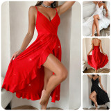 Sexy Strap V-Neck Rhinestones Holidays Style Fashion Chic Slit Long Dress