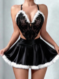 Women Black Lace Furry Mini Nightgown with Panties Sexy Lingerie
