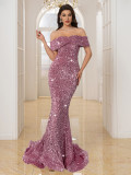 Women Sequin Off Shoulder Evening Dress