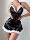 Women Black Lace Furry Mini Nightgown with Panties Sexy Lingerie