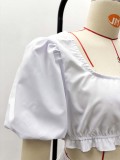 Women White Square Neck Puff Sleeve Crop Top and Skirt Two-Piece Set