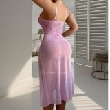 Women See-Through Lace Patchwork with Thong Bow Bodycon Maxi Dress Sexy Lingerie