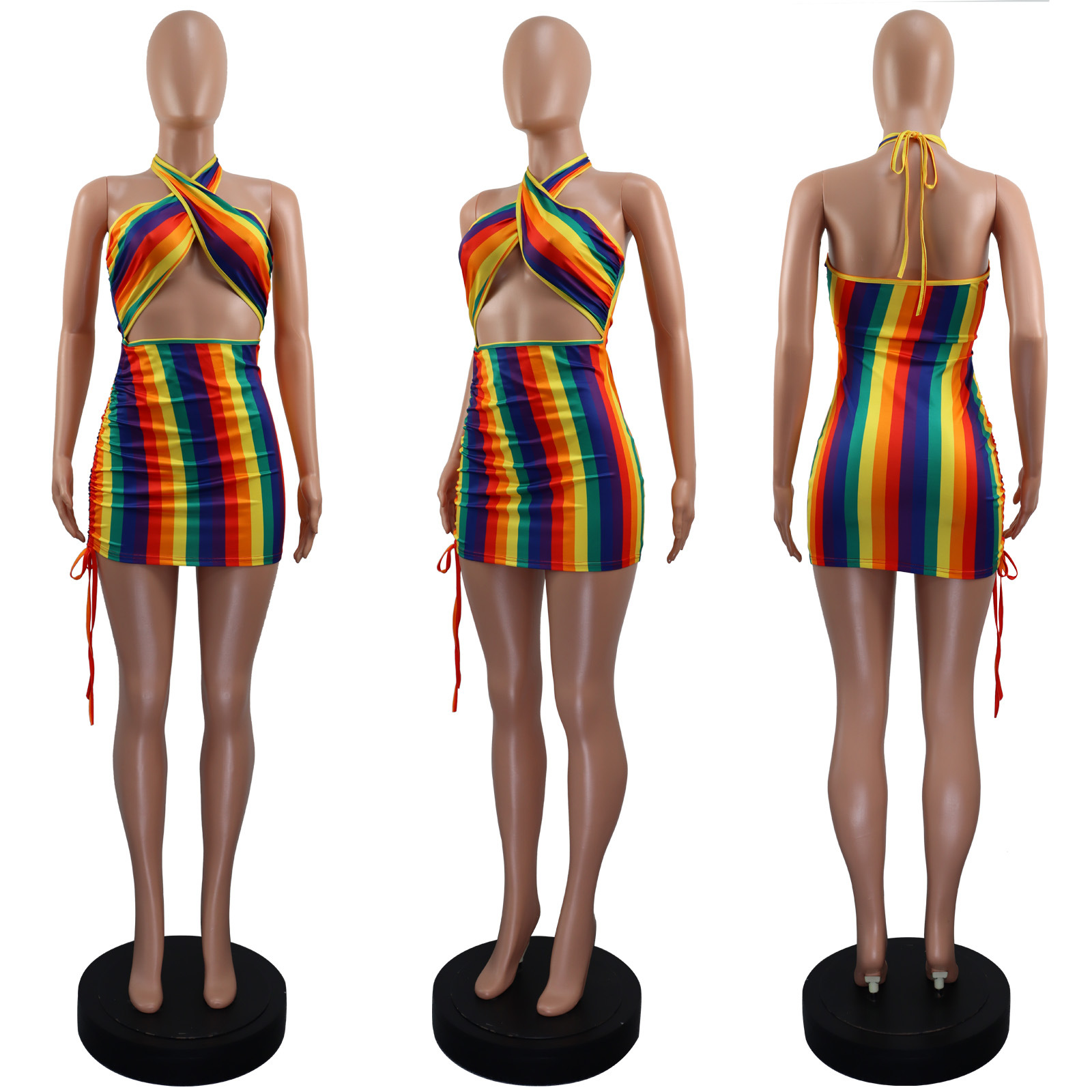 Women Summer Sexy Crossover Halter Neck Drawstring Dress