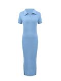 Women Summer Turndown Collar Sexy Short-Sleeved Knitting Bodycon Dress