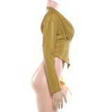 Women Autumn/Winter Zipper Long-Sleeved Round Neck Solid Pleated Pu-Leather Jacket