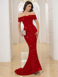 Women Sequin Off Shoulder Evening Dress