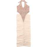 Women Autumn/Winter Sequin Patchwork Sexy Mesh See-Through Pleated Bodycon Dress