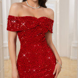Women Sequin Off Shoulder Evening Dress