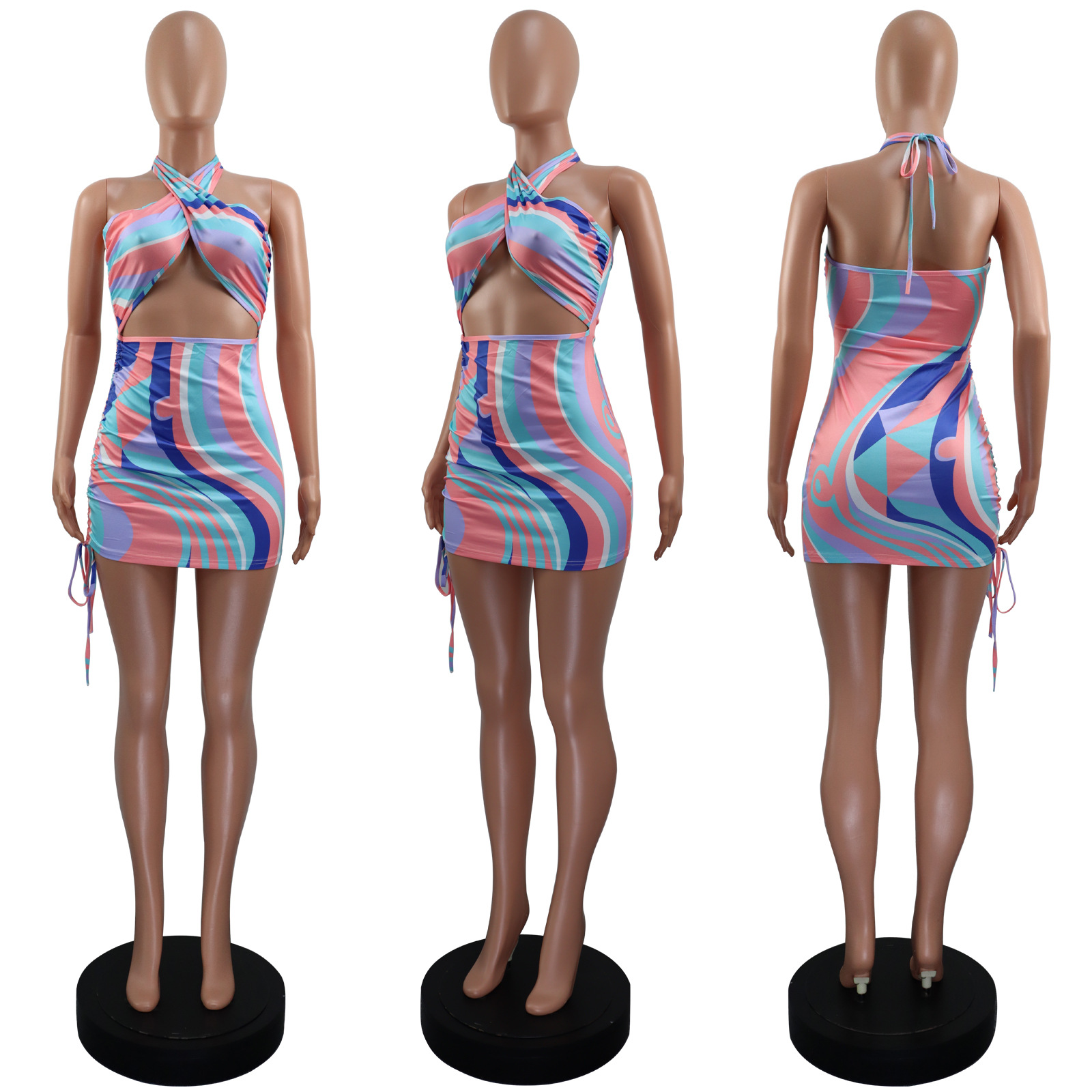 Women Summer Sexy Crossover Halter Neck Drawstring Dress