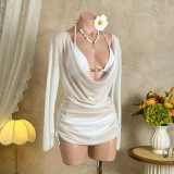 Women Solid Beach Mesh Dress Sexy Bikini Swimwear (Three-Piece)