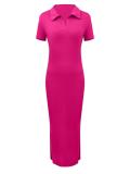 Women Summer Turndown Collar Sexy Short-Sleeved Knitting Bodycon Dress
